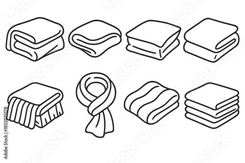 Stacked Fabric Icons. Soft Fabric Layers linear icon set. blanket folds, cotton sheet, velvet cushion, linen cover, knitted throw, cozy scarf, wool fabric, stacked textiles