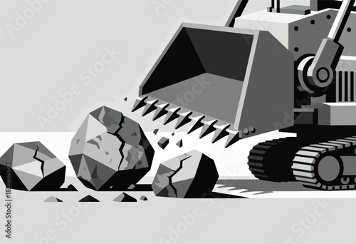 Monochrome illustration of a digger's bucket crushing rocks. Cracks appear, stones falling, with track and machinery elements
