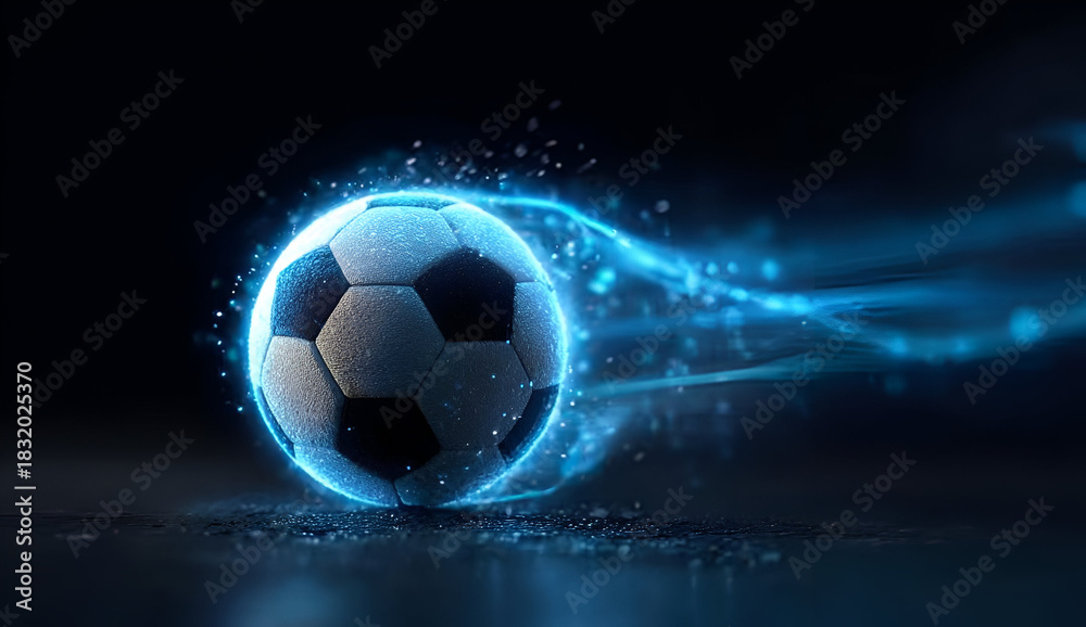Fototapeta premium A dynamic soccer ball in motion, surrounded by glowing particles, encapsulating the thrill of the game and energy of sports.