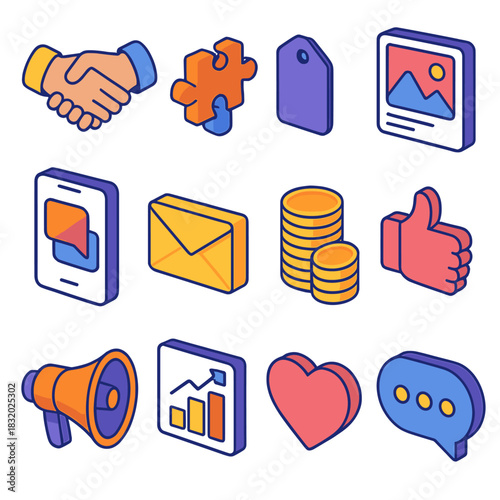 Modern Brand Icons. Brand Collaboration flat icons set. two hands, puzzle pieces, logo tag, social post, phone, envelope, coin stack, like icon, megaphone, analytics chart, heart