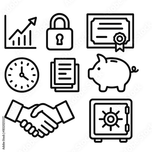 Financial Safety Icons. Investment Security linear icon set: graph arrow, lock, certificate, piggy bank, time clock, paper stack, handshake, safe vault