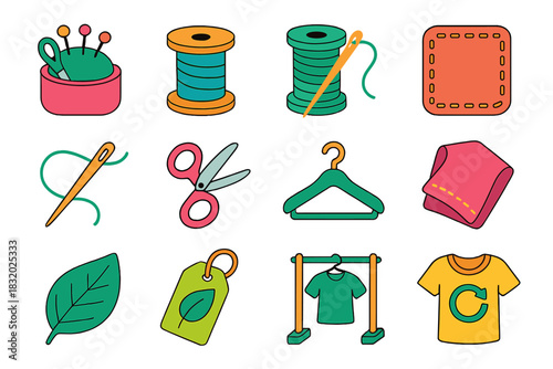 Sustainable Fashion Icons. Handmade Sustainable Style flat icon set: sewing kit, spool, thread, patch, needle, scissors, hanger, fabric piece, plant leaf, eco tag, clothing rack