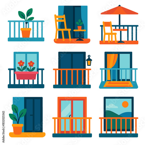 Vibrant Balcony Icons. Balconies and terraces flat icon set: railing, potted plant, chair, table, umbrella, lantern, flower box, door, curtain, rug, window, view