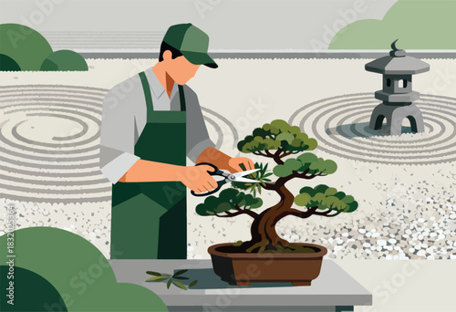 A figure is pruning a bonsai tree with shears. A Japanese stone lantern and a raked zen garden are in the background