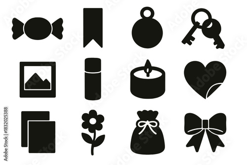Bold Gift Icon Collection. Mini Gift Moments silhouette icon set. wrapped sweet, bookmark, pendant, key charm, mini photo frame, lip balm, candle tin, sticker heart, thank you card
