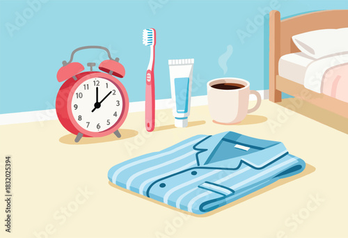 A cartoon illustration depicts a morning routine alarm, toothbrush, paste, coffee, pajamas, and a bed