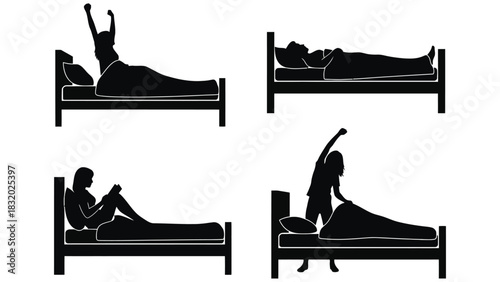 Four silhouettes depicting different activities in bed on white background