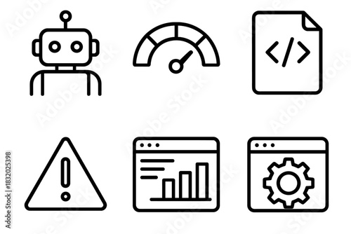 Robot Code Analysis Icons. Automated Code Review linear icon set: robot icon, quality score gauge, syntax check, warning triangle, analysis dashboard, improvement gear