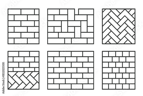 Brick Pattern Icons. Classic Brick Arrangements linear icon set. running bond, basket weave, herringbone, Flemish bond, stack bond, English bond, diagonal pattern, soldier line