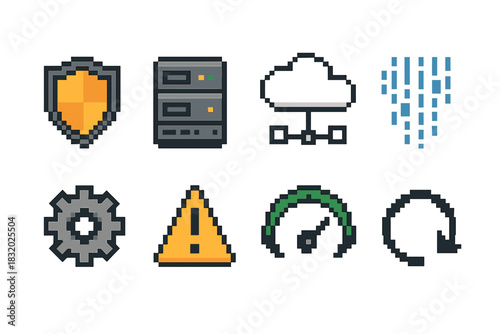 Digital Security Icons. Resilient digital operations elements pixel style icon set: shield icon, secure server, cloud network, data stream, gear wheel, alert symbol, uptime meter