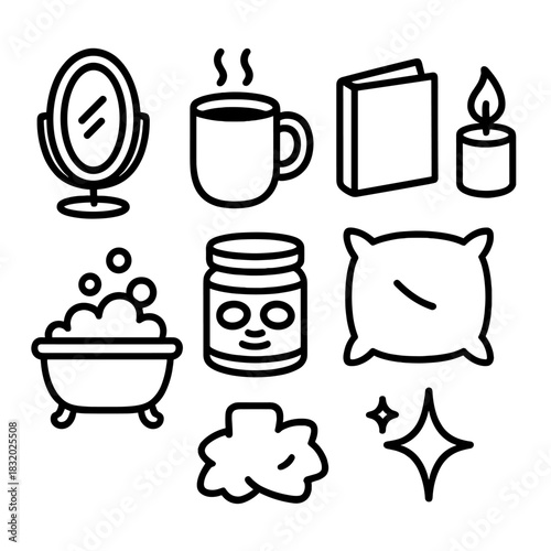 Self-Care Icons. Valentine's Day Self Love linear icon set: mirror, cozy mug, book, bath bubbles, candle, face mask jar, fluffy pillow, sparkle icon