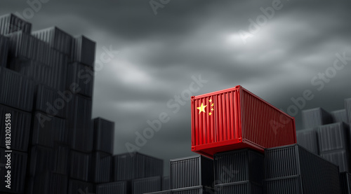 A striking red shipping container stands out amidst a sea of gray cargo containers under an ominous sky, symbolizing trade.