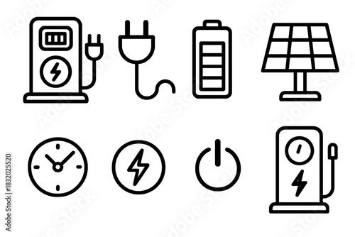 Charging Icon Set. Charging Station linear icon set. charger, plug, cable, battery icon, solar panel, timer, power symbol, stand