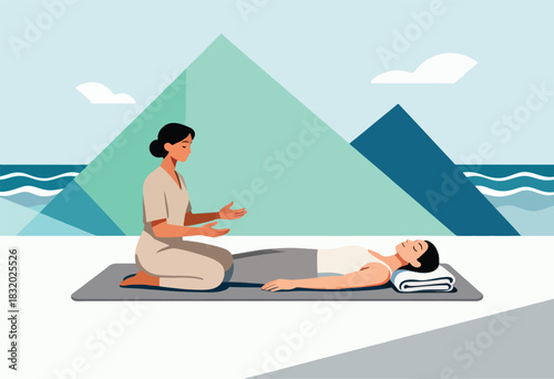 Illustration of person receiving therapy, lying on mat with therapist kneeling nearby, scenic background