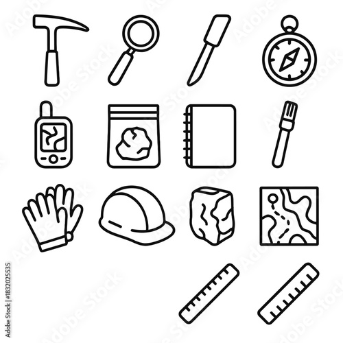 Field Geology Tools. Field geology tools linear icon set. rock hammer, hand lens, chisel, compass, GPS, sample bag, notebook, brush, gloves, helmet, map, ruler