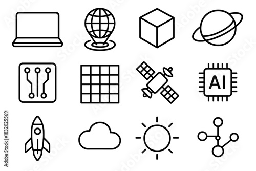 Digital Space Icons. Digital Space Exploration linear icon set: laptop, hologram, 3D cube, planet, circuit board, data grid, satellite, AI chip, rocket, cloud, glowing sphere