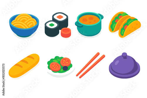 Cultural Cuisine Icons. Cultural Dishes flat icons set. pasta bowl, sushi roll, curry pot, tacos, baguette, salad plate, chopsticks, serving tray