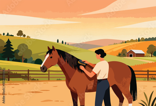 An illustrated depiction of a person grooming a brown horse with a scenic rural background