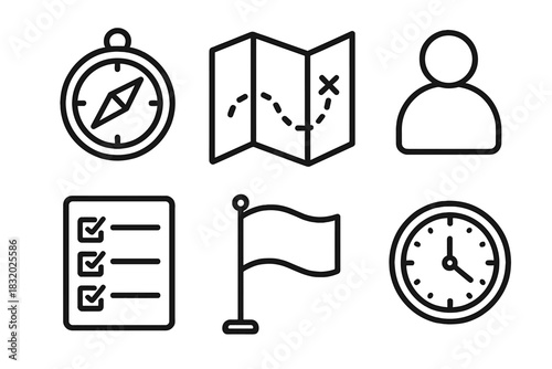 Navigation Icons Set. Personal direction linear icon set. compass, map, person icon, checklist, flag, clock.