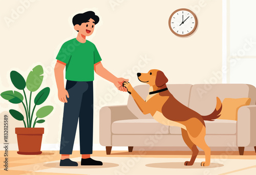 An illustration depicting a man indoors giving his dog a paw.  A clock and plant are present in the room