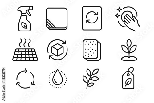 Eco-Friendly Care Icons. Sustainable Surface & Fabric Care Set linear icon set: eco cleanser spray, texture-safe cloth, renew-and-repair card, gentle polish icon, breathable mat