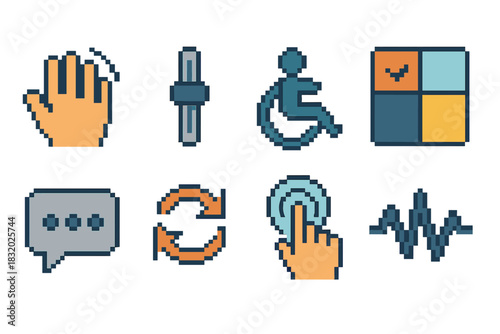Adaptive Tech Icons. Adaptive Tech Engagement pixel style icon set: gesture wave, adaptive slider, accessibility icon, dynamic interface tile, clarity bubble, flexible arrows