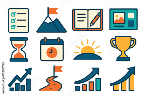 Goal Setting Icons. Goal Setting Season flat icon set: checklist, mountain climb, flag on peak, notebook, pencil, vision board, hourglass, calendar date, sunrise, trophy, growth