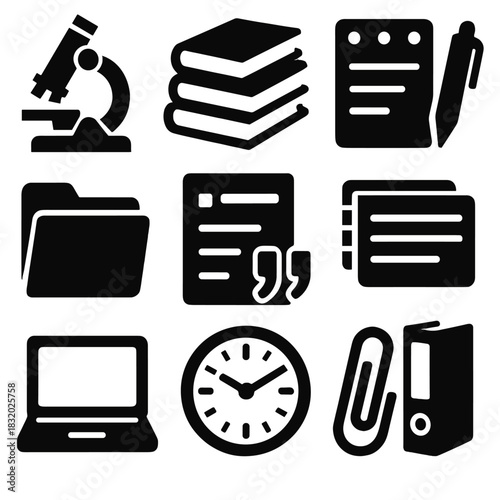 Bold Academic Icons. Academic research tools silhouette icon set. microscope, stack of books, notepad, pen, file folder, reference sheet, citation mark, index cards, laptop, clock
