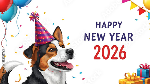 Fun New Year 2026 Celebration with a Party Dog Illustration