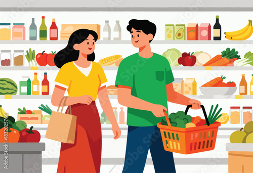 A couple shops at a grocery store, shopping together, with full shelves of food