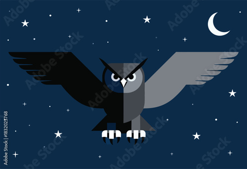 A geometric owl with spread wings, in front of a dark blue sky with stars and a crescent moon