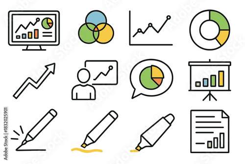 Infographic Icon Set. Data Visualization & Communication linear icon set. infographic layout, dashboard screen, chart colors palette, line graph, donut chart, trend arrow