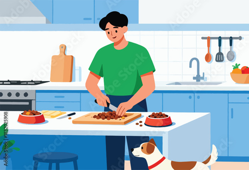 A person prepares food in a kitchen, a dog looks on. A cutting board with ingredients, bowls and utensils are present