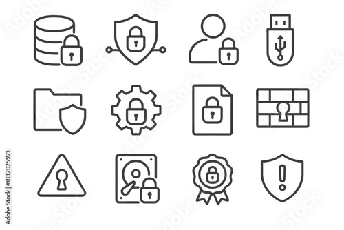 Digital Security Icons. Information Protection linear icon set: data lock, secure connection, user privacy, encrypted USB, folder shield, security gear, protected file, firewall