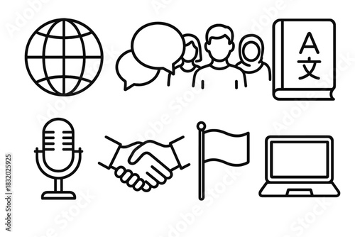 Global Communication Icons. Global Dialogue linear icon set: globe, chat bubbles, diverse people, translation book, microphone, handshake, flag, laptop