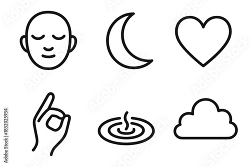 Symbols of Inner Peace. Inner Peace linear icon set: closed eyes, moon, heart, ripple, hand gesture, cloud