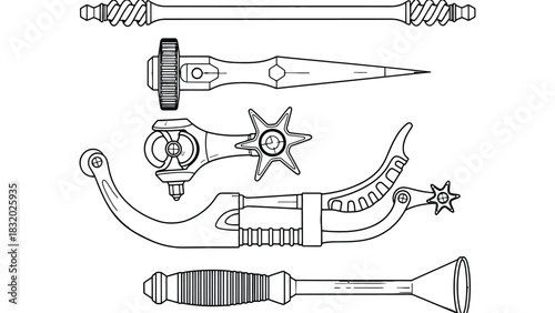 A blueprint style illustration of various mechanical components art