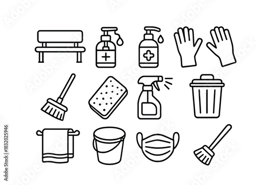 Simple outline icons of sanitizing supplies and cleaning tools