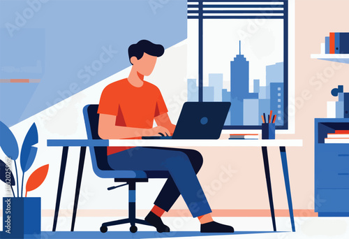 An illustration depicting a person at a desk working on a laptop in a modern office, city views
