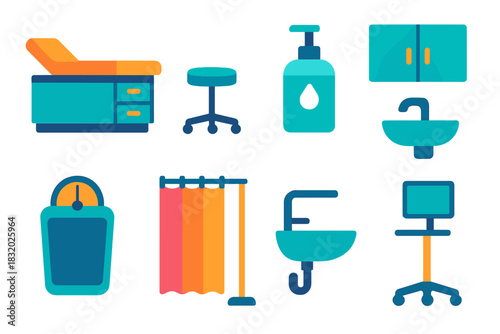 Modern Medical Workspace Icons. Doctor Workspaces flat icon set: exam table, rolling stool, wall cabinet, hand sanitizer pump, scale, privacy curtain, sink, monitor stand