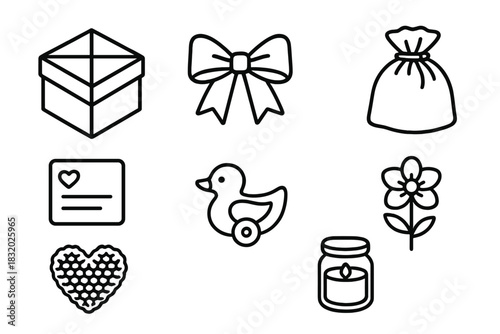 Handmade Gift Icons. Crafted Gift Collection linear icon set: origami box, ribbon bow, fabric pouch, personalized note, crochet heart, wooden toy, paper flower, jar candle