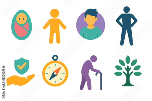 Lifecycle Icon Stages. Human Development Stages flat icon set: newborn mark, child silhouette, teen badge, adult stance, responsibility icon, midlife compass, aging figure, legacy