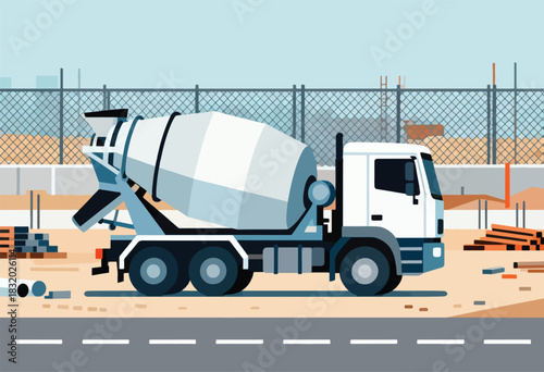 A stylized illustration depicts a cement mixer truck at a construction site with a fence and building materials