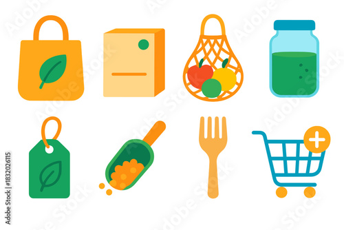 Eco-Friendly Shopping Icons. Eco-Conscious Buying flat icon set: reusable tote, minimal packaging box, produce net bag, refill jar, eco label tag, bulk scoop, bamboo utensil, clean