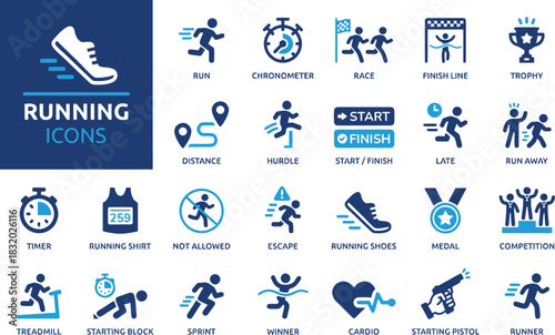 running, icons, sports, fitness, activities, collection, race, marathon, sprint, jog, athlete, runner, shoe, sneaker, track, field, competition, trophy, medal, chronometer, timer, stopwatch, start, fi