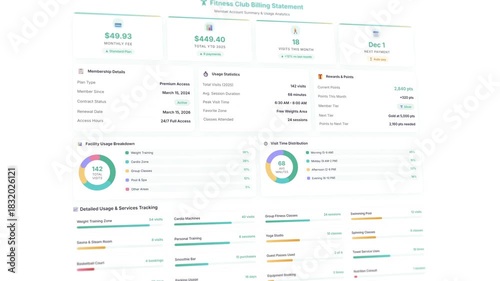 Interactive animated gym membership billing template: detailed usage statistics with subscription renewal tracking