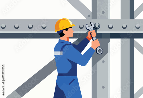 A worker in a yellow hard hat and blue overalls tightens a bolt on steel beams with a wrench