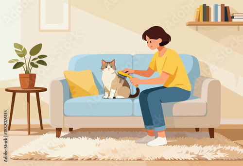 A person brushes a cat on a couch in a cozy room, plant and books nearby