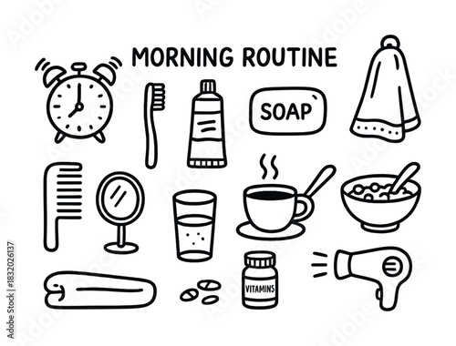 Morning routine essentials: toothbrush, soap, towel, coffee, breakfast, vitamins