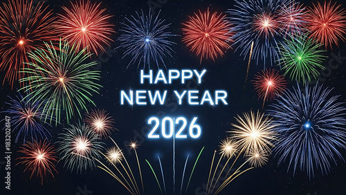 Happy New Year 2026 celebration with colorful fireworks display.